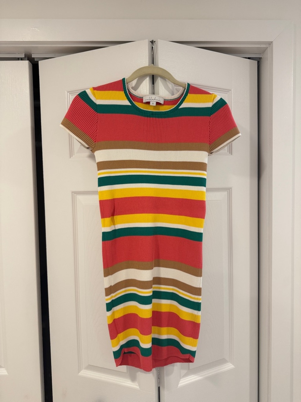 Source Unknown Striped Ribbed Mini Dress - Coral, Yellow, Green, Tan, White